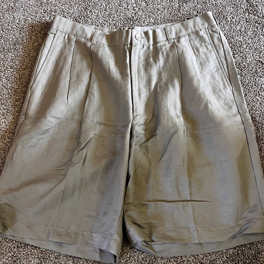 Perry Ellis Portfolio Linen Blend‎ Shorts Pleated Front Clay Khaki Size 34 0382